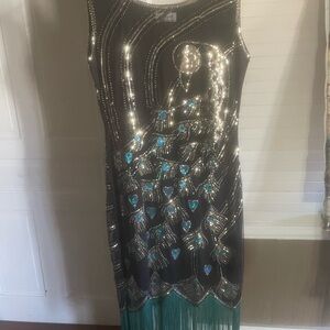 Unique Vintage Black and Blue Beaded Midi Dress